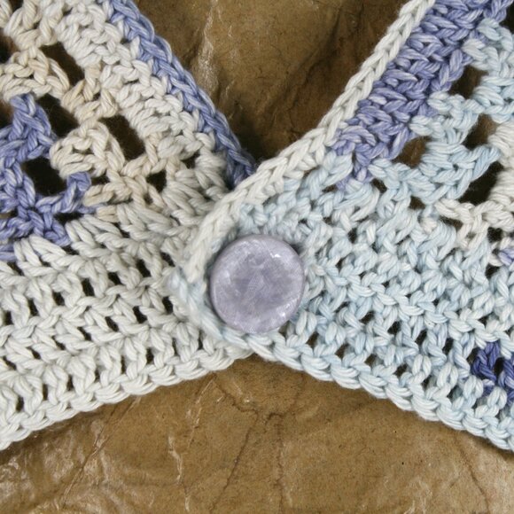 HAND CRAFTED Cardigan Sweater Cropped Crochet Striped Blue Denim Granny Square - Picture 2 of 11